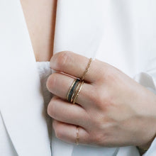 hammered vida ring stackers with journey chain ring and petite paperclip chain ring
