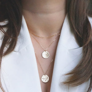 petite paperclip necklace with aries coin necklace at 17 inches and capricorn necklace at 20 inches all 14k gold-filled