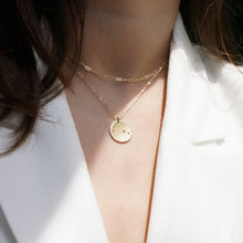 aries hammered coin necklace worn at 17 inches paired with petite paperclip necklace in gold filled